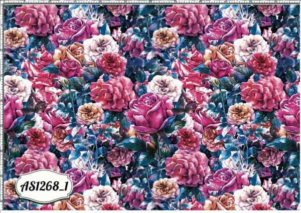 Druk na tkaninie- róże różowe i pomarańczowe z niebieskimi liśćmi 