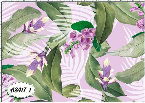 Druk na tkaninie- fioletowe kwiaty na tle liści palmowych