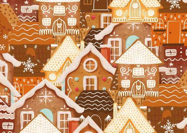 Druk na tkaninie- piernikowe świąteczne domki w odcieniach brązu