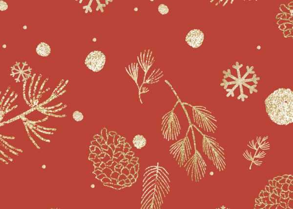Druk na tkaninie- złote gałązki i śnieżynki na czerwieni 
