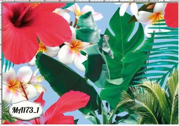 Druk na tkaninie- kolorowe, tropikalne kwiaty i liście palm na błękicie